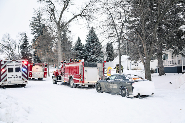 KRISTI HINE / TRUE DAKOTAN The Wessington Springs Volunteer Fire Department, Jerauld County Ambulance and Jerauld County Sheriff’s Office responded to a structure fire caused by a space heater on Main Street West in Wessington Springs Monday morning.