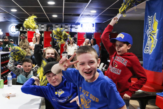 Lawson Fagerhaug, Wyatt Fagerhaug, Parker Couch, Carlayna Waters, Hastin Heezen, Casen Waters and Cecil Fgerhaug were among the kids at the official Jacks Watch Party at Pin Twisters Bowling Alley Sunday. 