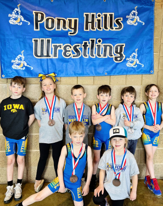 Nine Pony Hills wrestlers placed at state last weekend. Shown left to right, back row are Kaddilac Coleman (3rd place), Dally Nickels (4th place), Kash Woodin (8th place), Kix Coleman (5th place), McCrae Nickels (7th), Mary Tanke (2nd). Front row: Kactus Coleman (8th) and Presley Wilde (4th). PHOTO COURTESY EMMA WILDE