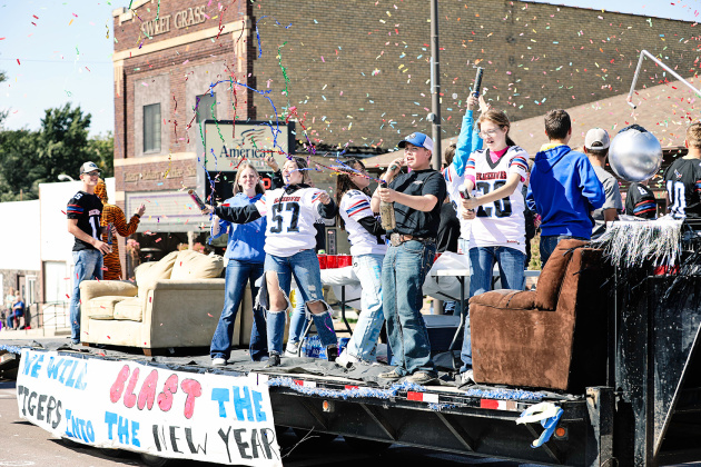 The New Year’s Eve-themed float put the crowd in a festive mood as they rock and rolled down Main Street. 