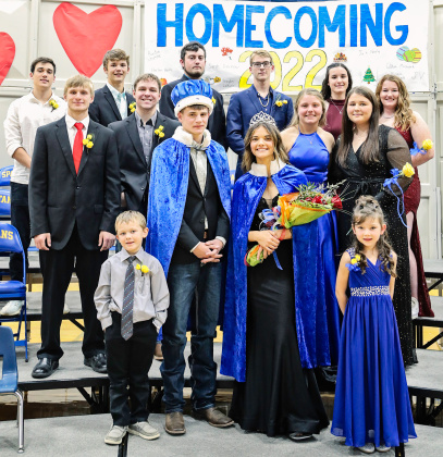 The royal court stand together at coronation shortly after the crowning of King Austin Schimke and Queen Kate Havlik. Shown back row left to right: Joao Vitor De Faria Tavares Reis, Colton Michalek, Cayden Forrest, Jack Neely, Sarah Poncelow, Riley Roduner. Middle row: Braydin La Bore, Carson Hainy, Kirstie Munsen, Harlee Heim. Coronation ring bearers are Kash Woodin and Blaire Murphy. 