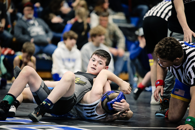 Chase Dunsmore during district tourney wrestling action Saturday. 