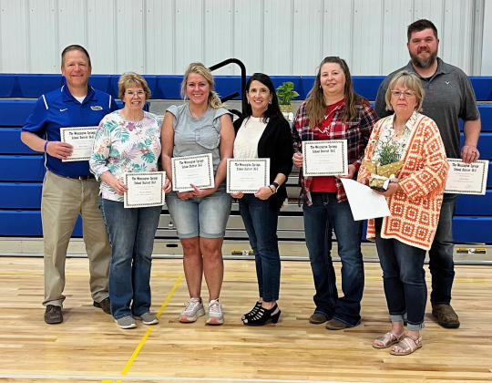 Longevity Awards were given to staff and educators, shown left to right, Jason Kolousek (20 years), Donna Wagner (30 years), Elizabeth Walz (15 years), Jennifer Roduner (5 years), Terri Moross (5 years), Tammy Wetzel (10 years) and Cody Hasty (5 years). Not pictured are Kim Orth (20 years), Sue Teeslink (15 years), Lynn Neely (10 years).