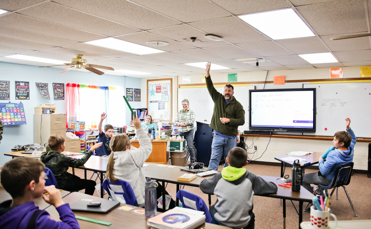 During Stewardship Week, Jerauld Conservation District, along with State Forester, Nathan Kaffer, visited 5th grade students (shown above) at Wessington Springs Elementary School and the Spring Valley Colony to educate them on the importance of conservation. 